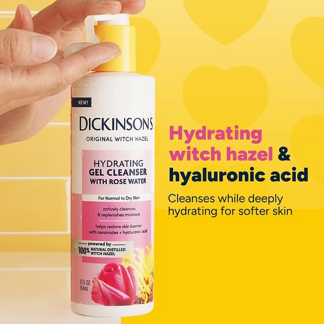 Photo by Dickinson's Witch Hazel on April 18, 2025. May be an image of hand cream, lotion and text that says 'NEW! DICKINSONS ORIGINAL WITCH ORIGINALWITCHHAZEL HAZEL HYDRATING GEL CLEANSER WITH ROSE WATER For Normo Dry kin activaly cleanses & replenishes maistura Hydrating witch hazel & hyaluronic acid Cleanses while deeply hydrating for softer skin halps restore batie with coramides hyaluroni cid powered br by- NATURA ISTILLED WITCHHAZEL HAZEL WITCHE DFLOZ EAmL'.
